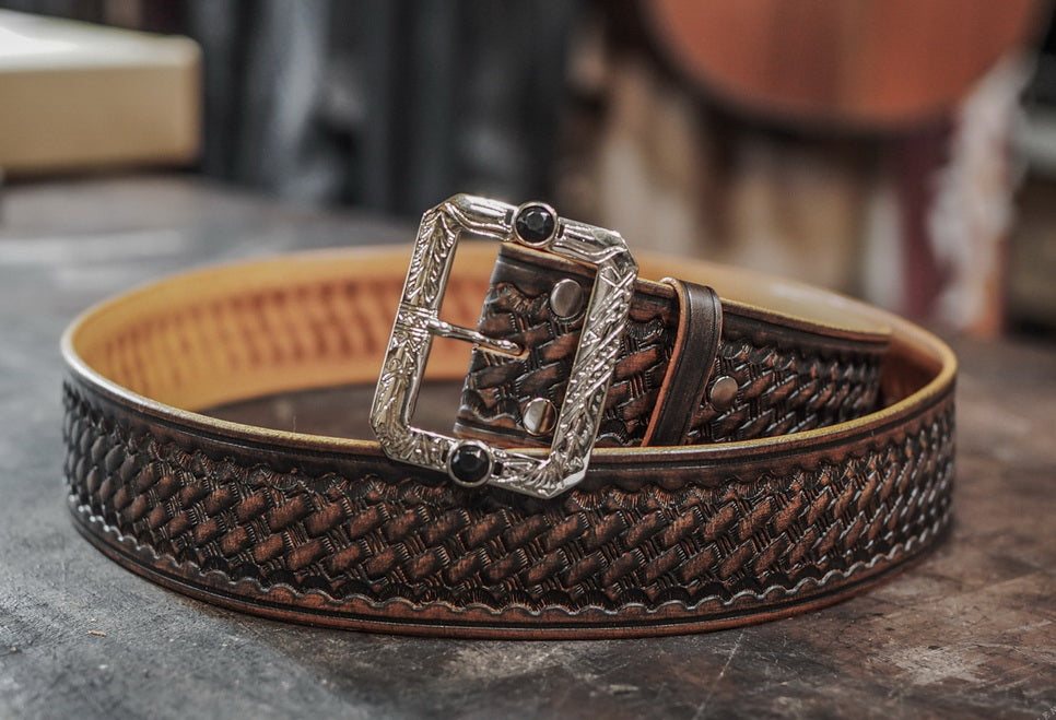 Basket Weave Pattern Tooled Leather Belt
