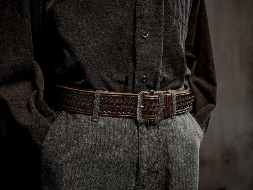 Basket Weave Pattern Tooled Leather Belt