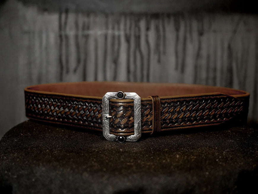 Basket Weave Pattern Tooled Leather Belt