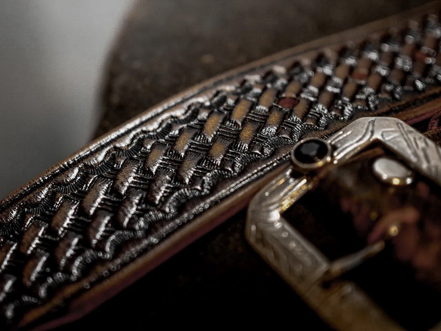 Basket Weave Pattern Tooled Leather Belt