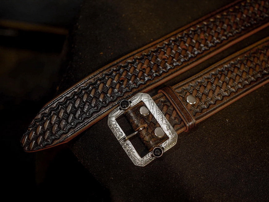 Basket Weave Pattern Tooled Leather Belt