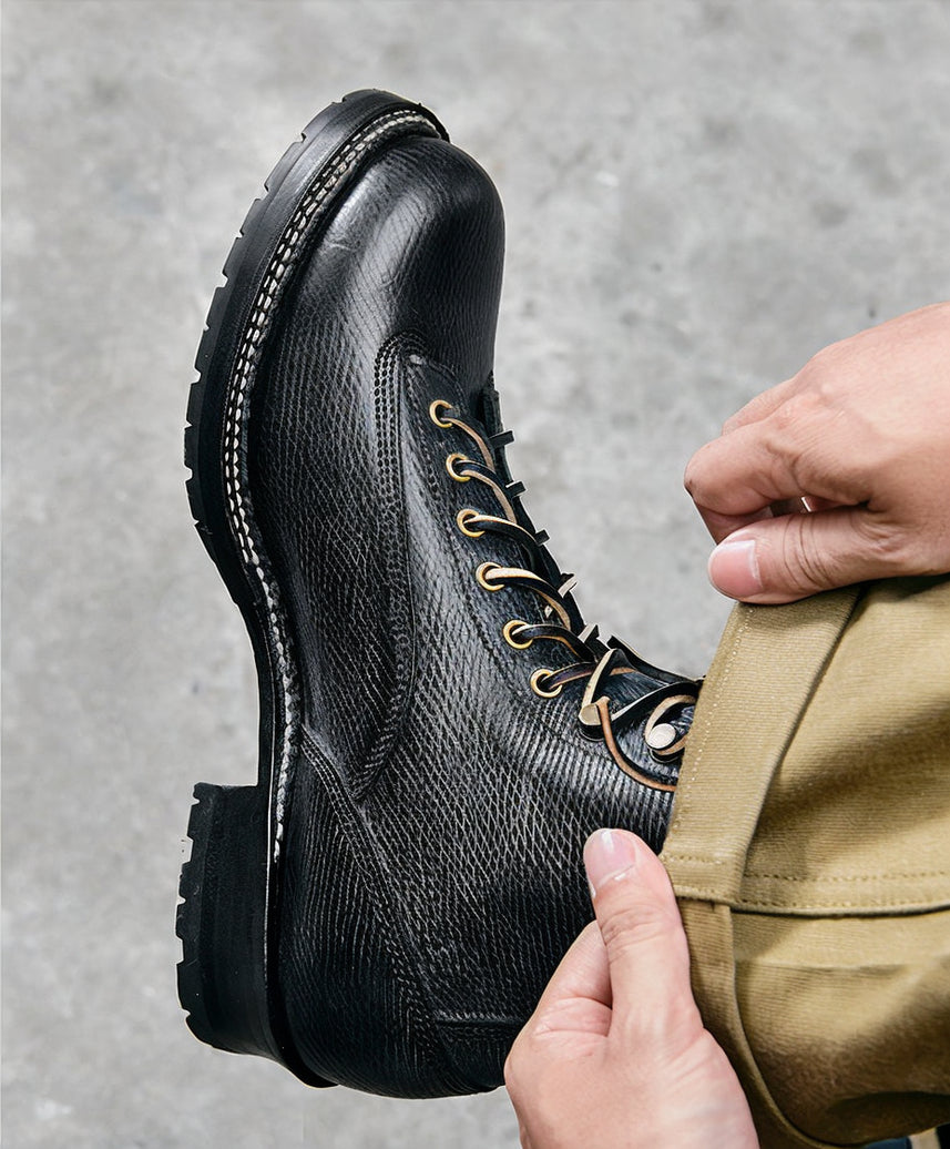 14102 Forester Logger Boots / Proprietary Hatch Grain Cowhide MTO