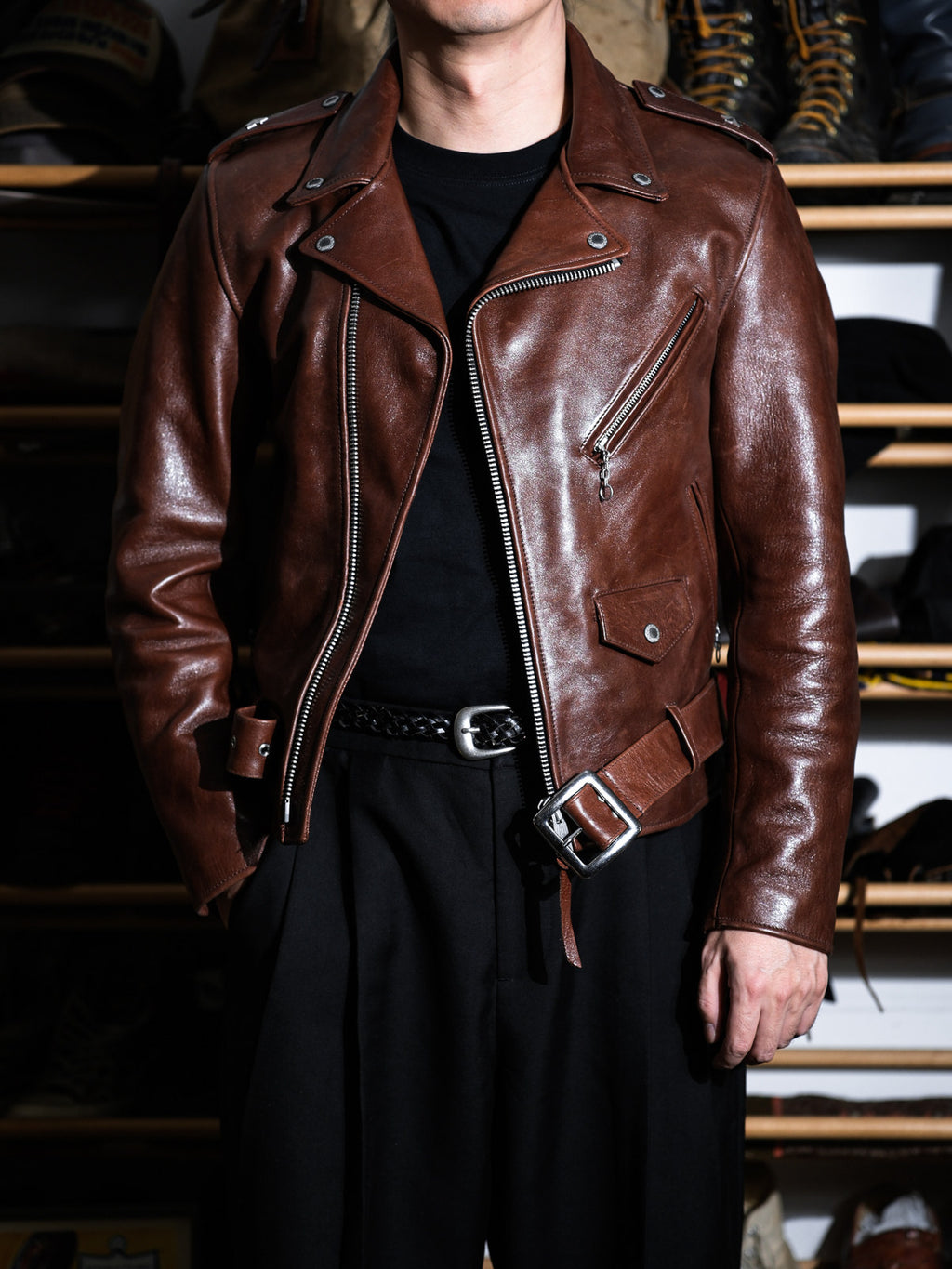 Marlon Brando One Star Cross Zip Rider Jacket - Amber Brown Vegetable Tanned Horsehide