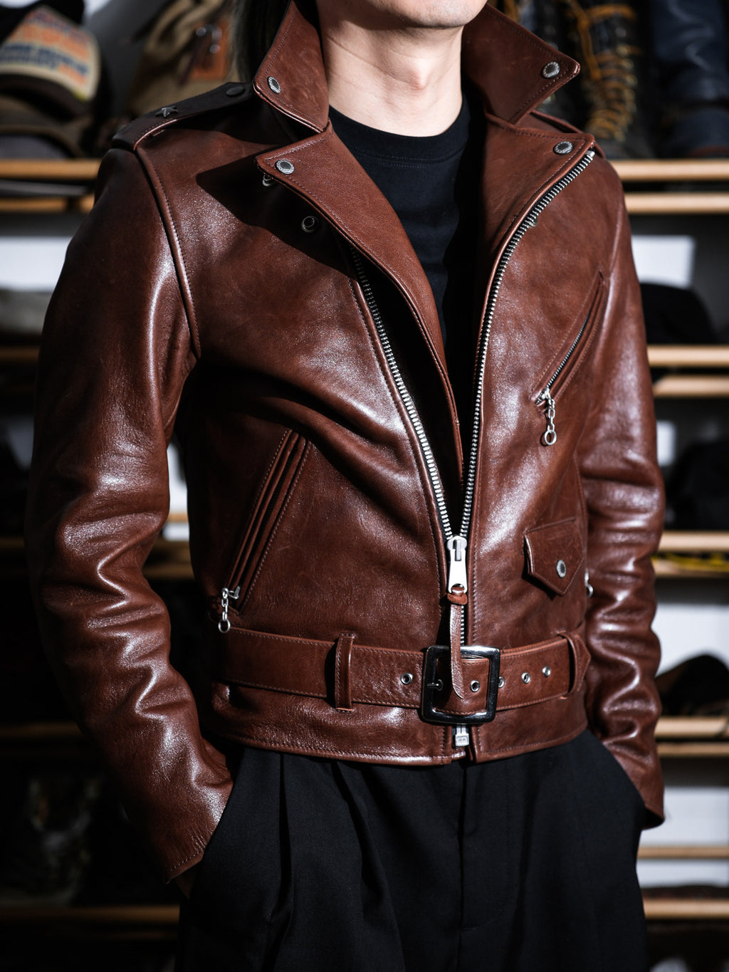 Marlon Brando One Star Cross Zip Rider Jacket - Amber Brown Vegetable Tanned Horsehide