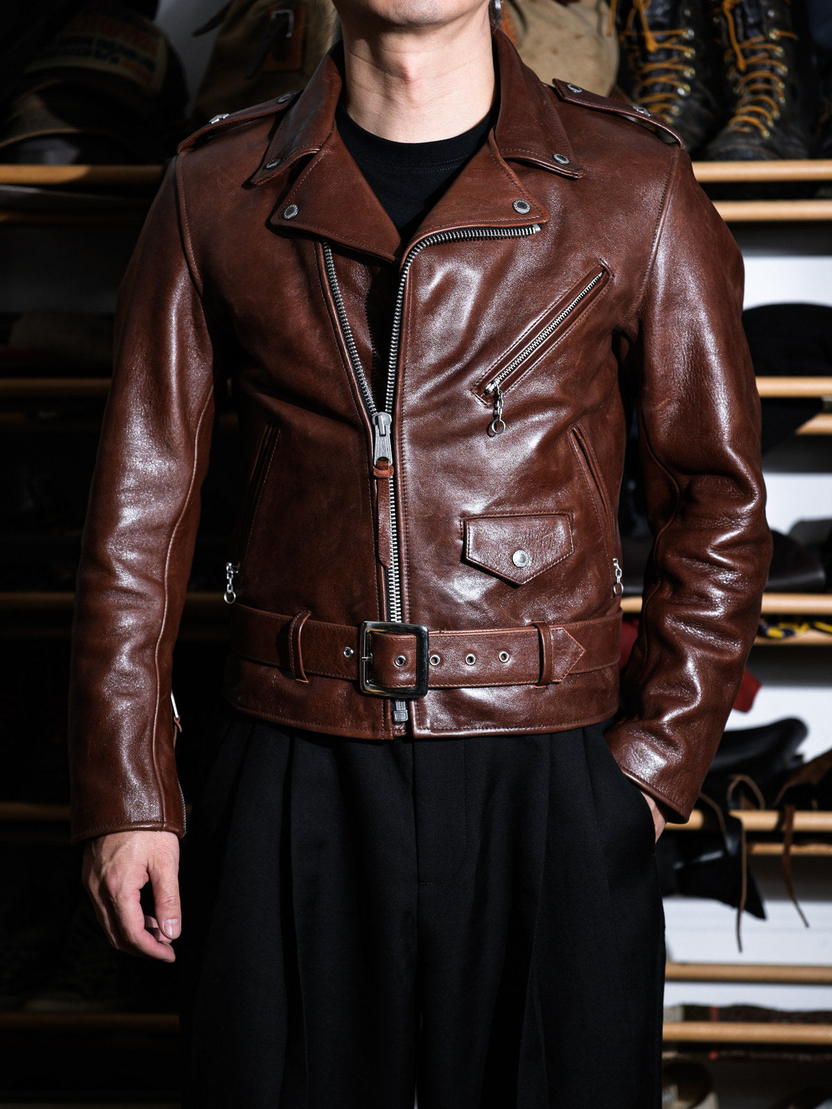 Marlon Brando One Star Cross Zip Rider Jacket - Amber Brown Vegetable Tanned Horsehide