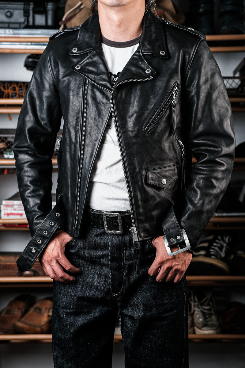 Marlon Brando One Star Cross Zip Rider Jacket - Ferla Through-Dyed Horsehide Black