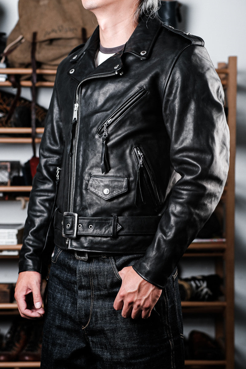 Marlon Brando One Star Cross Zip Rider Jacket - Ferla Through-Dyed Horsehide Black