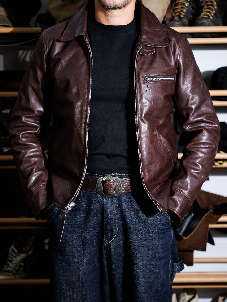 “Pasadena” 1930s Half Belt Sports Leather Jacket - Padova Horsehide Brown