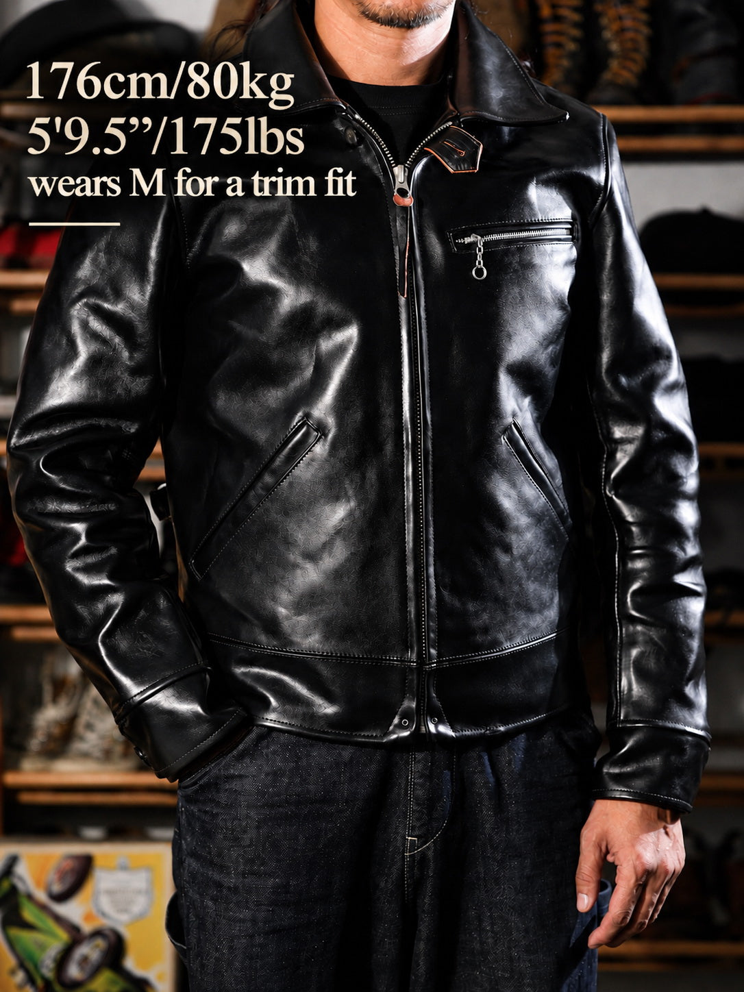 “Pasadena” 1930s Half Belt Sports Leather Jacket - Padova Horsehide Black