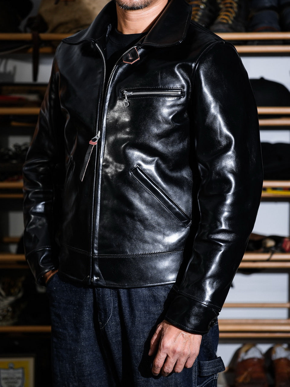 “Pasadena” 1930s Half Belt Sports Leather Jacket - Padova Horsehide Black
