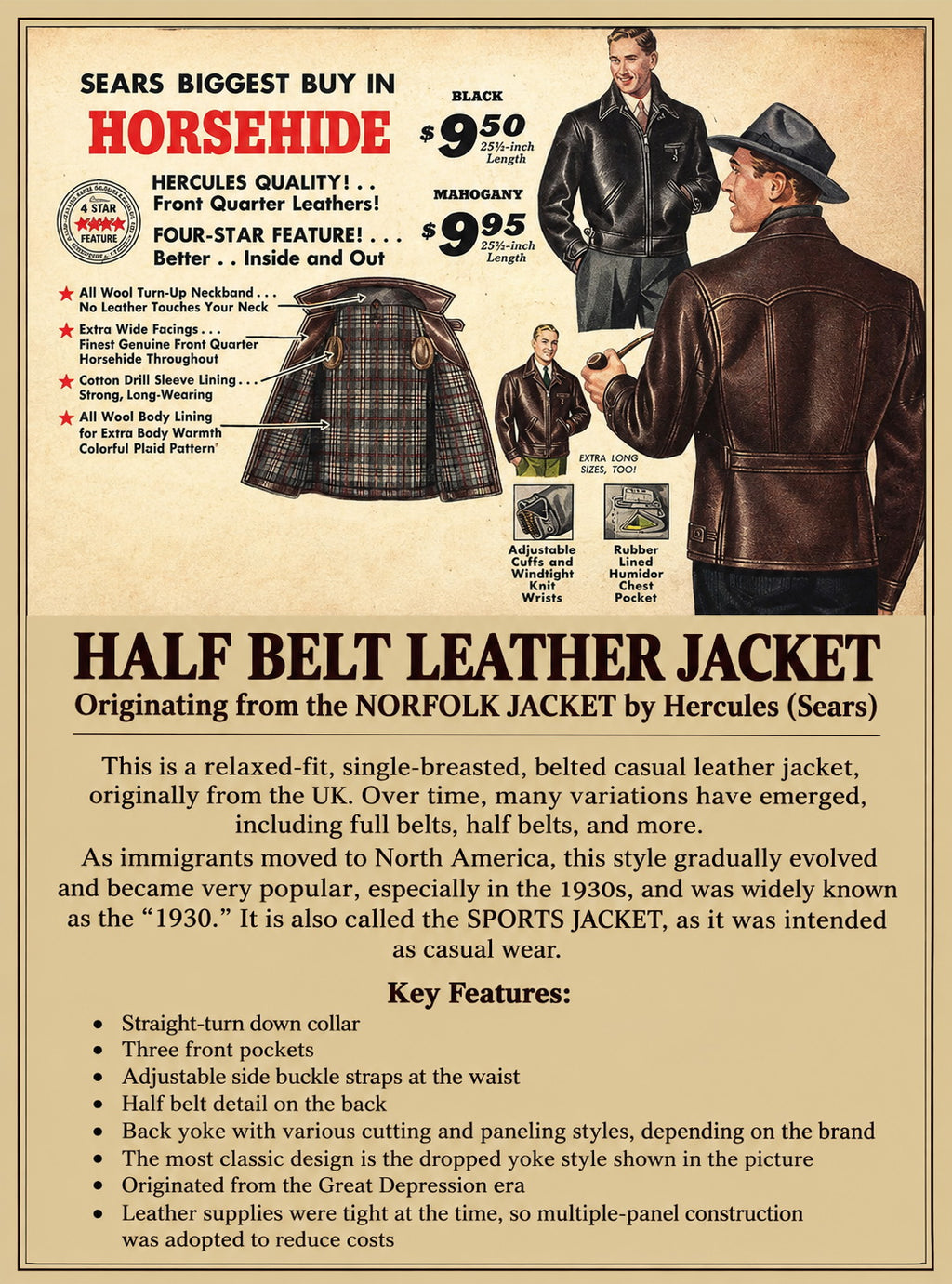 “Pasadena” 1930s Half Belt Sports Leather Jacket - Padova Horsehide Black